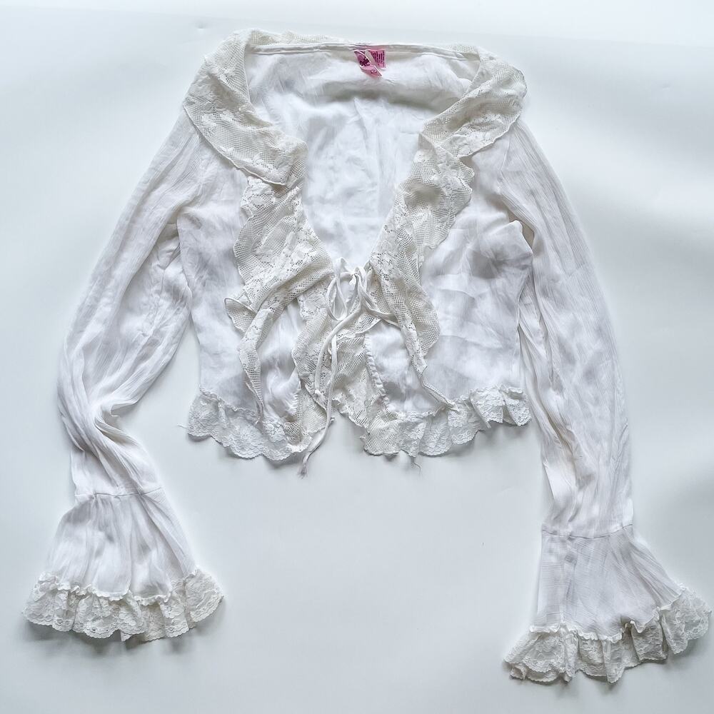 White Sheer Cropped Lace Ruffle Trim Cropped Tie Front Top Size Medium Coquette